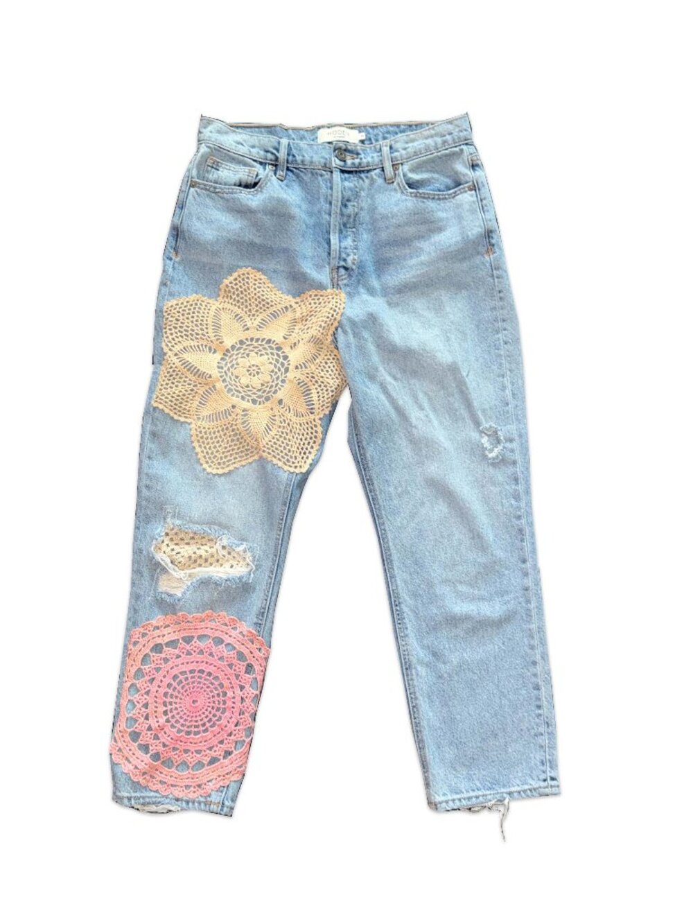 upcycled vintage doily distressed mom jeans ♡